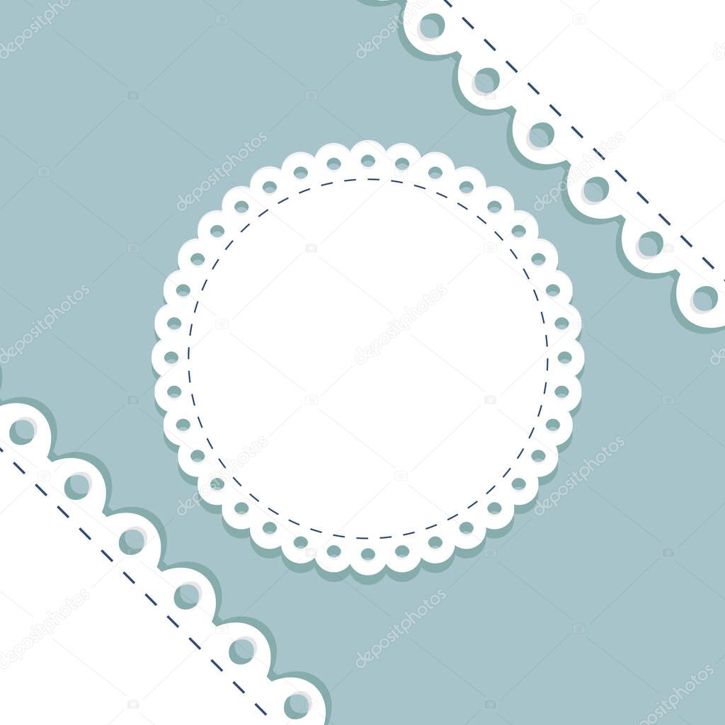 lacy frame and border template. cute round doily on blue background with scallop border. vector template for baby shower, wedding and farm products design. decoration elements, vintage country label.