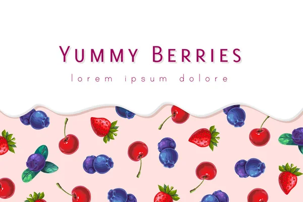 Bessenmelk Yoghurt Achtergrond Druppelende Crème Banner Van Tuin Bosbessen Template — Stockvector