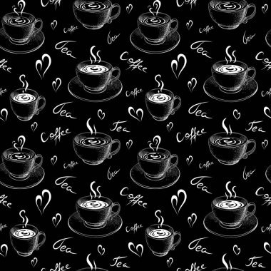 Kusursuz tebeşirsiz kahve, siyah karatahtaya izole edilmiş çay deseni. Tebeşir gibi kahve fincanlarının arkaplanda karatahta harfleri var. skeç doodle stili vektör çizimi. sıcak içecek şablonu