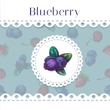 Mavi arka planda deniz tarağı kenarlı yaban mersini etiketi. Bahçe çileği taşıyıcı pankartlı dantelli çerçeve. Renkli yaban mersini reçeli ambalajı, logo tasarım unsuru retro country tarzı. Görüntü.