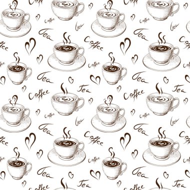 Kusursuz kahve, beyaz üzerine izole edilmiş çay deseni. El çizimi kahve fincanları sonsuz arkaplanlı harflerle. Çizim stili çizim. Üzerine sıcak içecekler işlenmiş vintage arka plan şablonu.