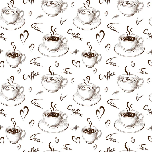 Seamless coffee, tea pattern isolated on white. Hand drawn coffee cups endless background with lettering. sketch doodle style illustration. engraved vintage backdrop template with hot drinks. — Stock Photo, Image