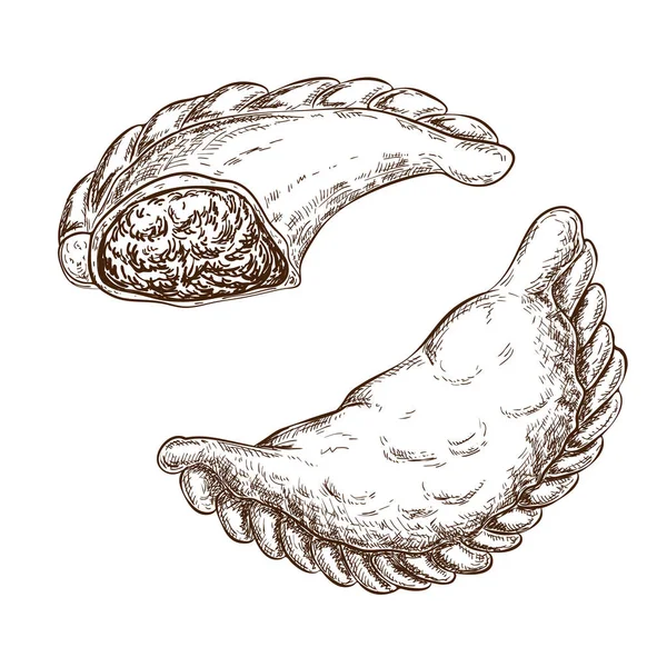 Pastelaria tradicional frito recheado com carne, queijo, legumes isolados em branco. doces salgados com ilustração de recheio. cozinha nacional, assado empanadas burekas, panzerotti, hachapuri sketch —  Vetores de Stock