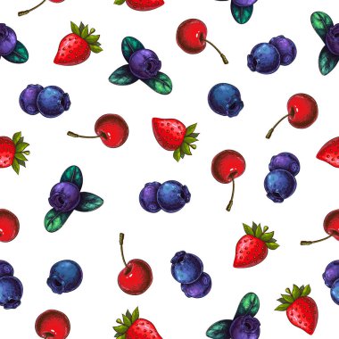 Böğürtlenler beyazda izole edilmiş. Bahçe ve orman böğürtlenlerinin sonsuz bir karışımı. Çilek, yabanmersini, kiraz. Yaz meyvelerinin arka plan tasarımı. Paketleme, ambalaj kağıdı için harika.