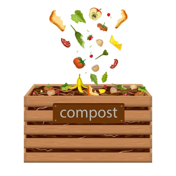 Wooden compost box, bin with food waste vector illustration. garden composter for organic recycling of kitchen, natural household garbage. composted fertile soil, earth worms and biodegradable trash. — Stock Illustration Wooden compost box, bin with food waste vector illustration. garden composter for organic recycling of kitchen, natural household garbage. composted fertile soil, earth worms and biodegradable trash. Vector Graphics
