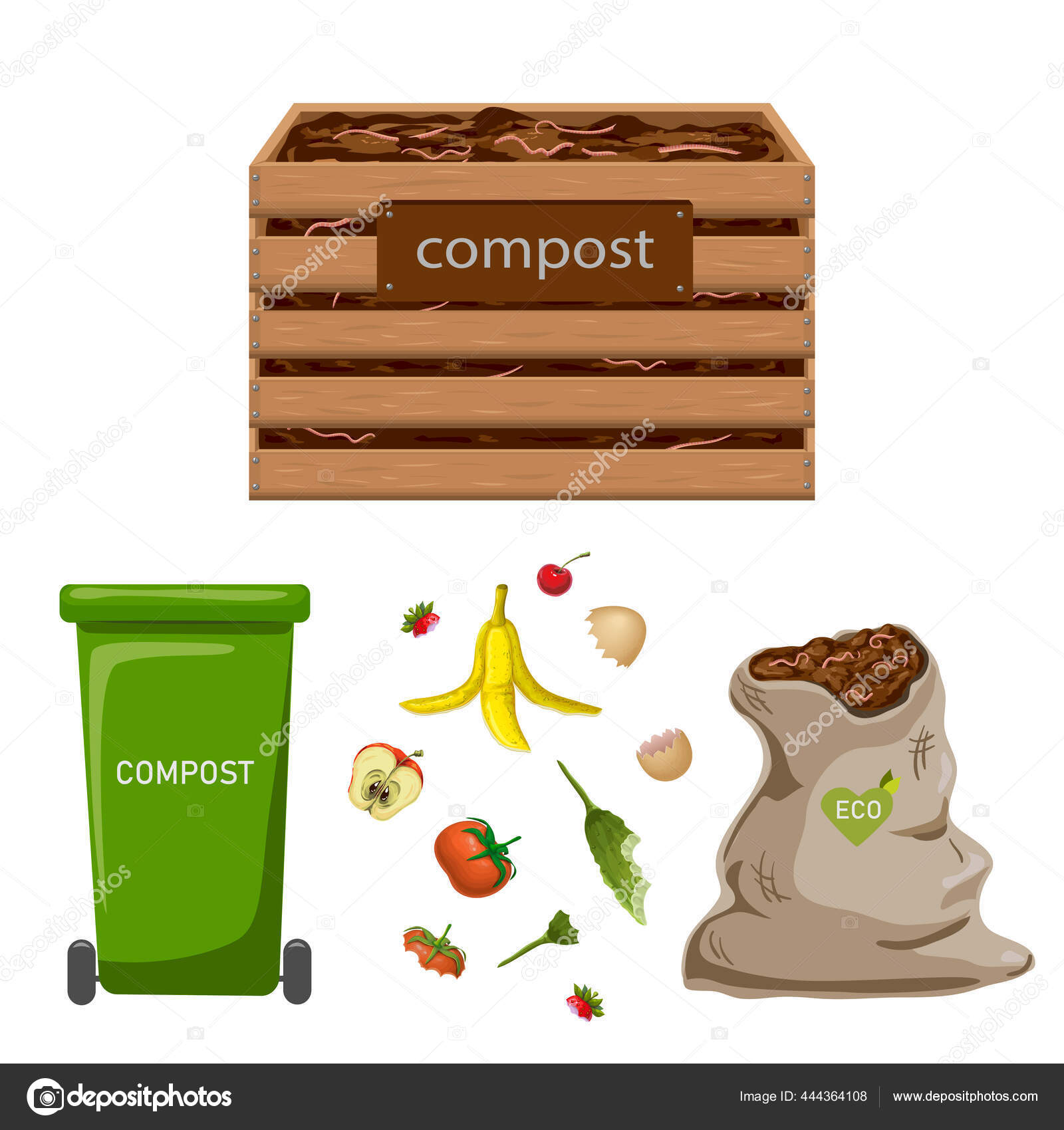 Set of garden composters for bio recycling of natural biodegradable waste,  organic garbage like food leavings. vector illustration. wooden compost  box, plastic bin, bag full of fertile soil with worms Stock Vector