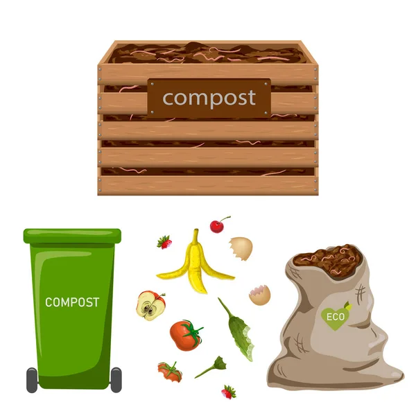 Conjunto de compostores de jardim para a bio reciclagem de resíduos biodegradáveis naturais, lixo orgânico como folhas de alimentos. ilustração vetorial. caixa de composto de madeira, caixa de plástico, saco cheio de solo fértil com vermes — Vetor de Stock