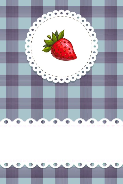 Round strawberry label on blue chequered background with scallop border and lacy doily frame vector banner. colorful strawberry jam packaging, logo design element in retro country style. Illustration. — Stock Vector