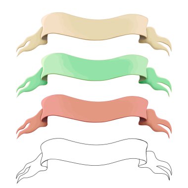 Beyaz üzerine izole edilmiş eski kurdeleler ve sancaklar. Klasik yatay parşömenler. Çizgi film bayrakları, kasetler vektör çizimleri. Ortaçağ tarihi, şövalyelik ve bilgelik teması. Oyun tasarımı için boş dekoratif işaret.