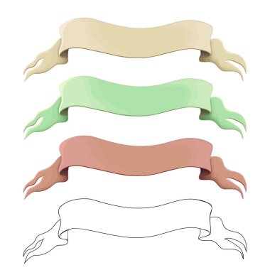 Beyaz üzerine izole edilmiş eski kurdeleler ve sancaklar. Klasik yatay parşömenler. Çizgi film bayrakları, kaset çizimleri. Ortaçağ tarihi, şövalyelik ve bilgelik teması. Oyun tasarımı için boş dekoratif işaret.