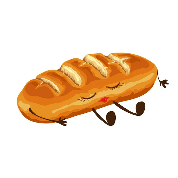 Schattig tarwebrood van brood karakter geïsoleerd. vrolijke en grappige voedsel karakter vector illustratie. cartoon bakkerij gebak voedsel met een glimlachend gezicht. wit broodje met benen, armen, ogen en mond. mascotte ontwerp. — Stockvector