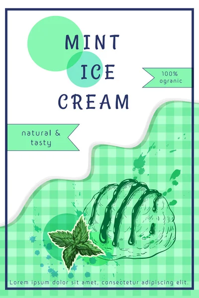 ミントアイスクリームの創造的なポスターチラシテンプレートやパッケージデザイン。ミントの葉を持つサンデーのスクープクリームを滴下し、チェックされた背景にスプラッシュ。広告やプロモーション、ラベルデザインには. — ストックベクタ