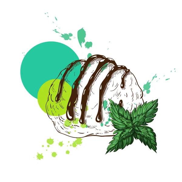 Una cucharada de helado con sabor a menta. Boceto vectorial de una bola de helado con salsa, hojas de menta, salpicaduras de acuarela de colores aislados en blanco. Sundae dibujado a mano para el concepto de diseño de etiquetas o logotipos — Archivo Imágenes Vectoriales