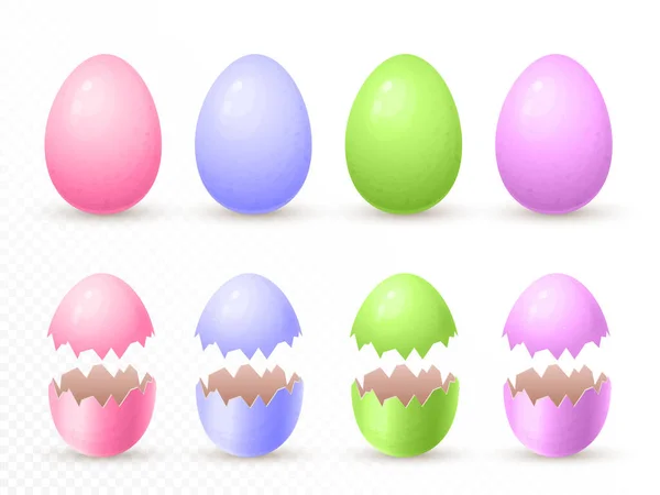 Broken painted easter eggs in pastel colors. cracked, open and whole easter eggshell. 3d realistic illustration. mock up of easter eggs isolated on background. for holiday design. — Stock Photo, Image