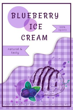 yaban mersini dondurma etiketi tasarımı. Bir kepçe dondurma, mavi böğürtlenli, damlayan krema, renkli arkaplanlı. Dondurma aromalı konsept. vektör sanatı el ilanı, afiş ya da