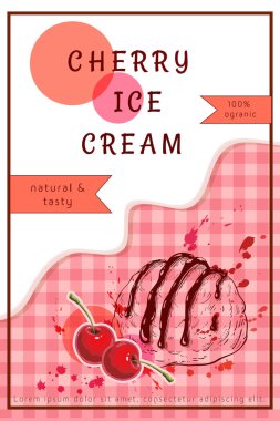 Kirazlı dondurma yaratıcı poster, broşür. Ev yapımı dondurma paketleme tasarımı. Bir kepçe vişneli dondurma, damlayan krema, ekoseli arka planda sıçrama. Reklam, promosyon, etiketler için.