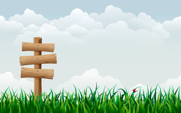 Nahtlose sommerliche horizontale Landschaft mit Holzschild im grünen Gras. Zeichentrickfilm Illustration des Leitpfostens auf dem Feld. Wegweiser auf der Frühlingswiese. Natur-Banner, Hintergrund für Spieldesign — Stockvektor