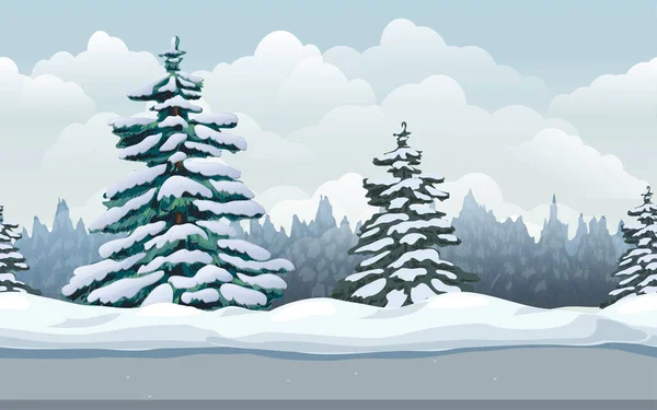 Winterlandschaft nahtlose Waldhintergrund. Vector Cartoon Illustration der kalten Winter sonnigen Tag im Freien. kalte Jahreszeit Naturszene mit schneebedeckten Fichten, immergrünem Nadelwald, Schneeverwehungen und Straße — Stockvektor