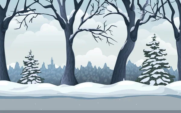 Nahtlose winterliche Waldlandschaft. endlose Parallaxe Spiel Hintergrund mit schneebedeckten Tannen, Bäumen, Schneeverwehungen, Straße und bewölktem Himmel. Zeichentrickfilm. horizontales landschaftliches Winterpanorama für die Gestaltung — Stockvektor