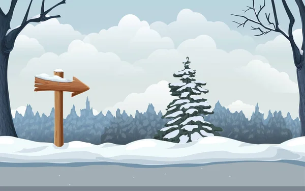 Nahtlose Winterlandschaft mit schneebedeckten Fichten, Bäumen, hölzernen Wegweisern in Schneewehen. Winterwald, Park oder Landschaft im Cartoon-Stil. kalte Jahreszeit horizontale Szene. Hintergrund zum Spiel. — Stockvektor