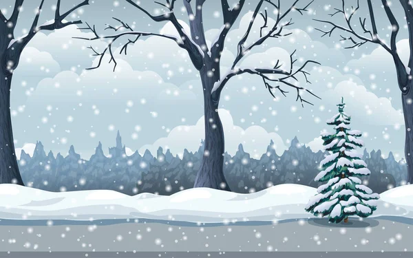 Manzaralı kar yağışı manzarası. Ağaçları, yolları ve ormanları olan kusursuz bir kar ortamı. Park ya da bahçe karlı panorama. Soğuk sezon sahnesi. Çizgi film vektör çizimi oyun konumu tasarımı için harika — Stok Vektör