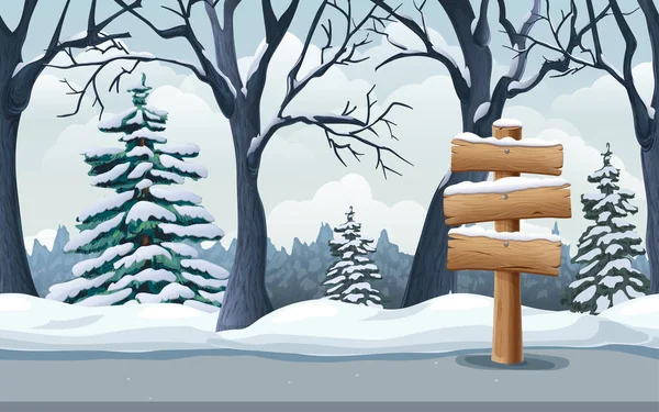 Dřevěný ukazatel ve sněhu, realistická zimní krajina s lesy, jedlemi, silnicemi a sněhovými závějemi. bezproblémové zimní příroda pozadí. paralaxy game scéna. skvělé pro mobilní telefony, aplikace, reklamy, tiskový design. — Stockový vektor