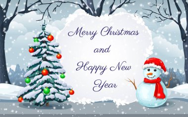 Noel tebrik kartı ya da kış manzaralı pankart, kardan adam ve mutlu noel mektupları. Orman, kar yağışı, kardan adam ve metin mekanlı kış günü sahnesi. Kış tatili geçmişi.