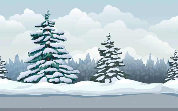 Paysage d'hiver fond de forêt sans couture. illustration de bande dessinée de froid hiver journée ensoleillée en plein air. saison froide scène de nature avec épinette neigeuse, forêt de conifères à feuilles persistantes, dérives de neige et route. — Photo