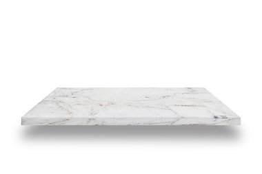 Boş tablosunun üst kısmındaki beyaz mable taş beyaz arka plan üzerinde. -ebilmek var olmak