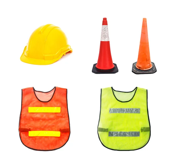 Casco de seguridad amarillo, cono de tráfico - conos de advertencia de barricada  , — Foto de Stock