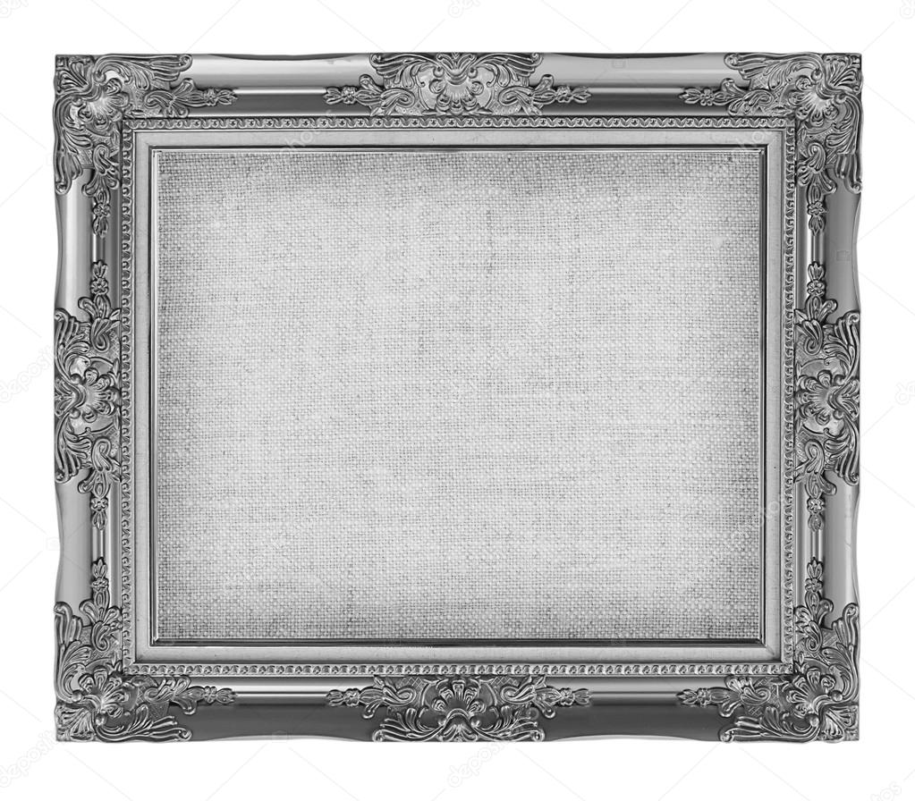 old silver frame with empty grunge linen canvas for your picture