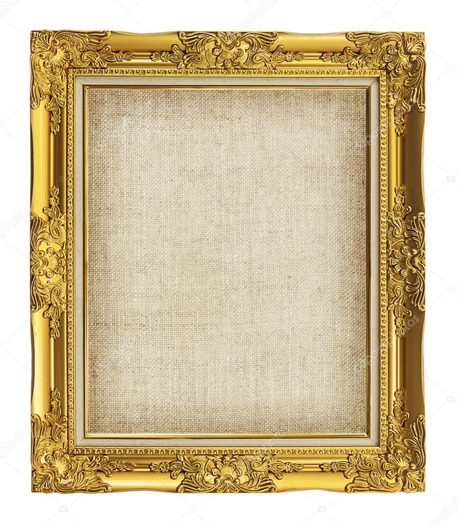old golden frame with empty grunge linen canvas for your picture