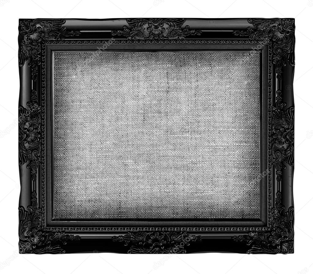 old black frame with empty grunge linen canvas for your picture,