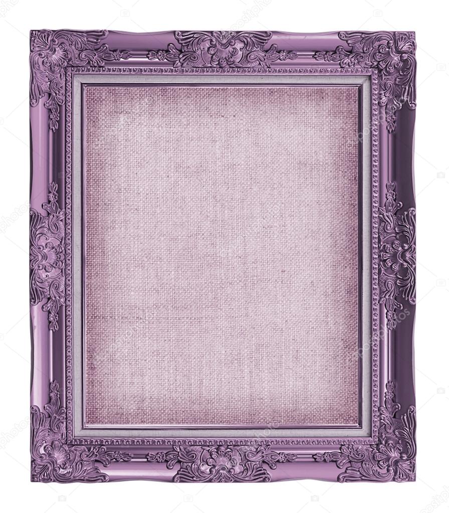old purple frame with empty grunge linen canvas for your picture