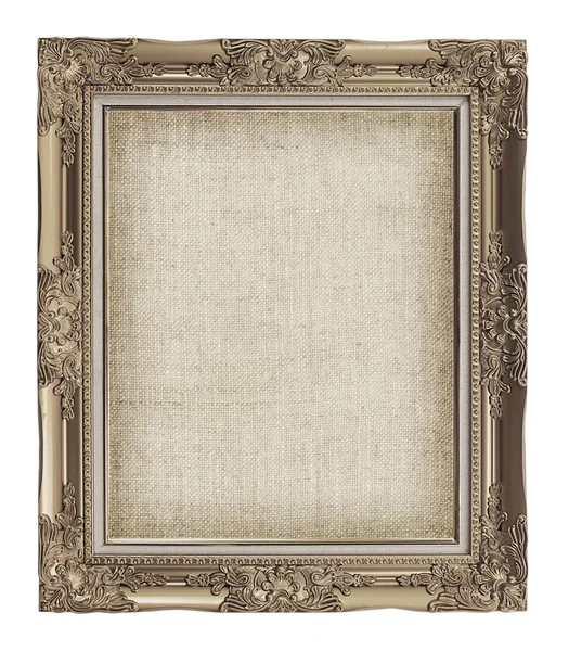 Old golden frame with empty grunge linen canvas for your picture — Stock Photo, Image