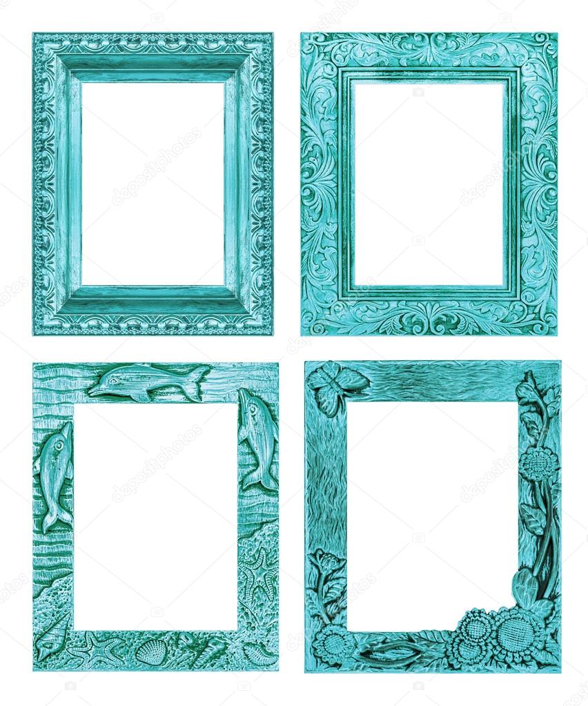 Set 4 antique blue picture frame isolated on white background, c
