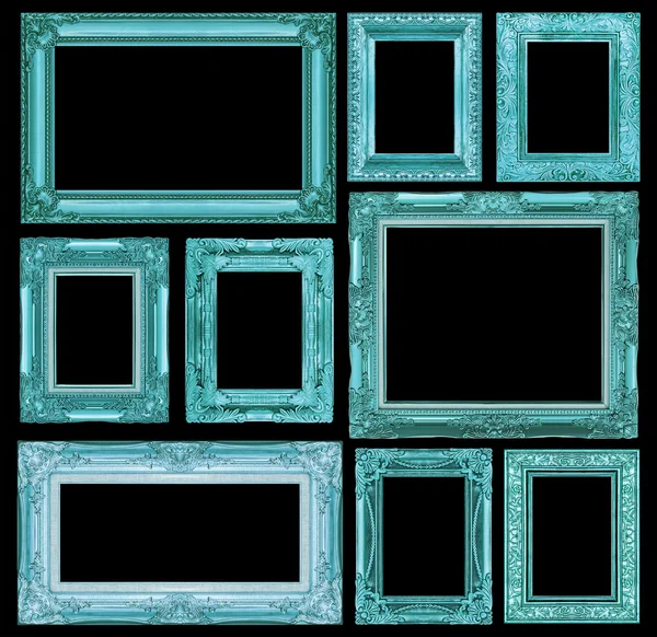 Set dari bingkai vintage biru terisolasi di latar belakang hitam — Stok Foto