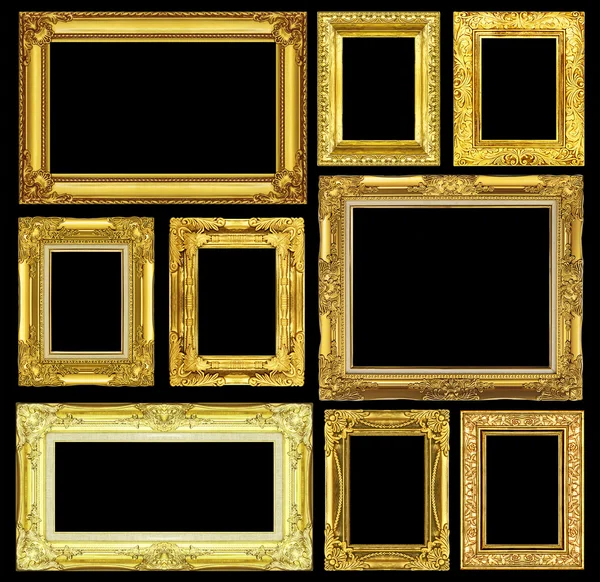 Set aus goldenem Vintage-Rahmen isoliert auf schwarzem Hintergrund — Stockfoto