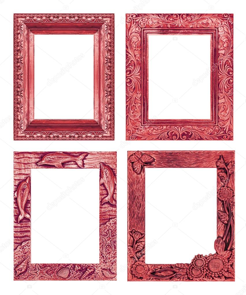 Set 4 antique red frame isolated on white background, clipping p