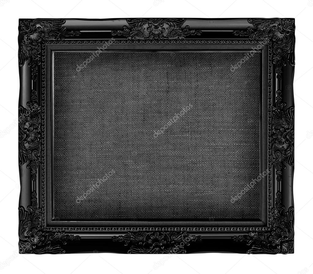 Old black frame with empty grunge linen canvas for your picture, Stock