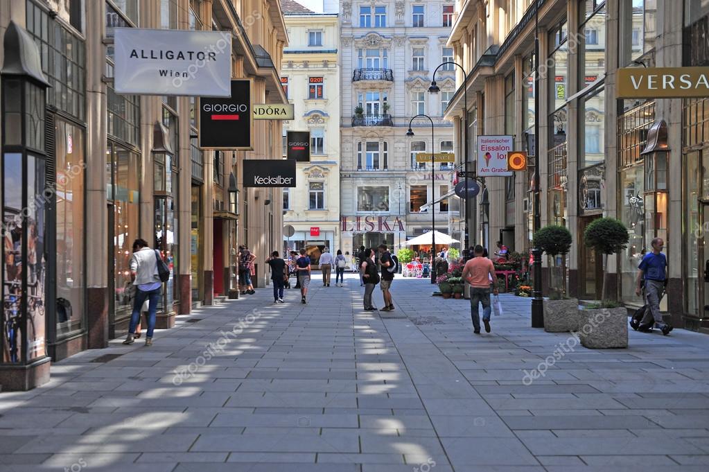 VIENNA, AUSTRIA - JUNE 6: View of the shopping street in downtown of Vienna on June 6, 2016. Vienna is the capital and largest city of Austria.