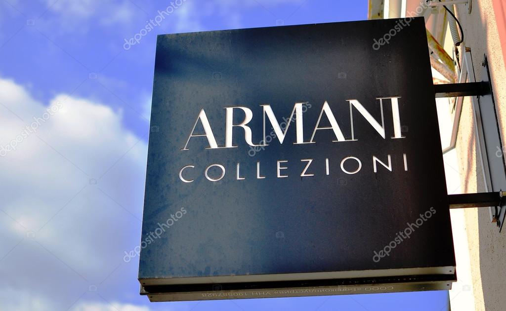 MINSK, BELARUS - OCTOBER 4: Logotype of Armani Collezioni store in the street of Minsk on October 4, 2014. Armani Collezioni is an italian world famous fashion brand.