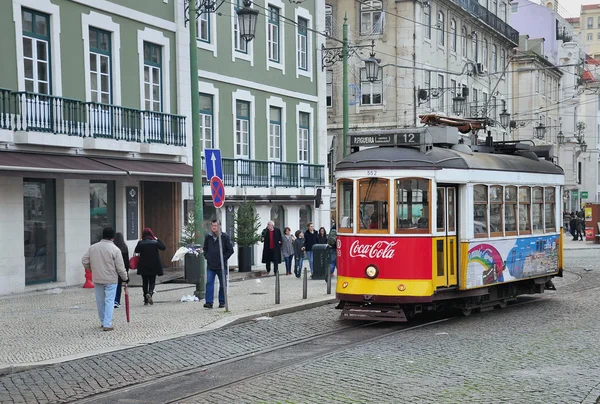 Tram number 12 stops at Rossia sqaure in Lisbon — Φωτογραφία Αρχείου