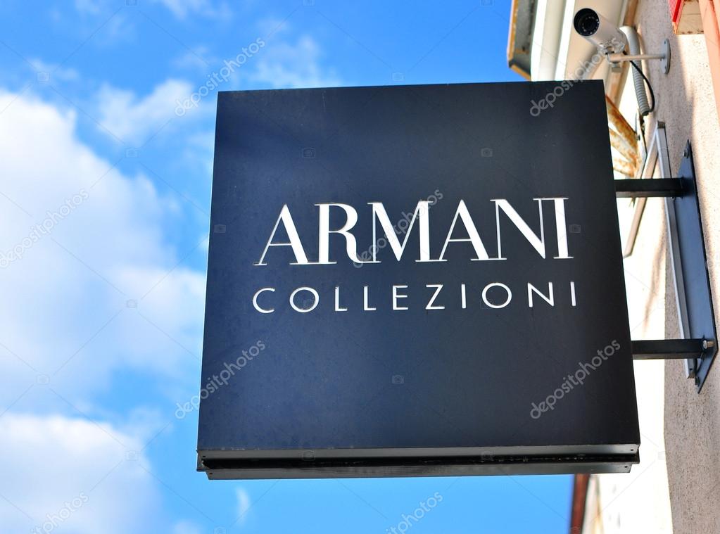 MINSK, BELARUS - OCTOBER 4: Armani Collezioni logo on the flagship store in Minsk on October 4, 2014. Armani Collezioni is a global world famous fashion brand founded in Italy.
