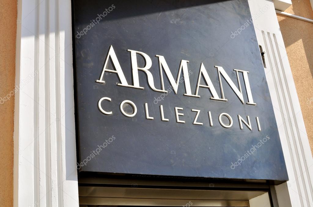 MINSK, BELARUS - OCTOBER 4: Armani Collezioni logo on the flagship store in Minsk on October 4, 2014. Armani Collezioni is a global world famous fashion brand founded in Italy.