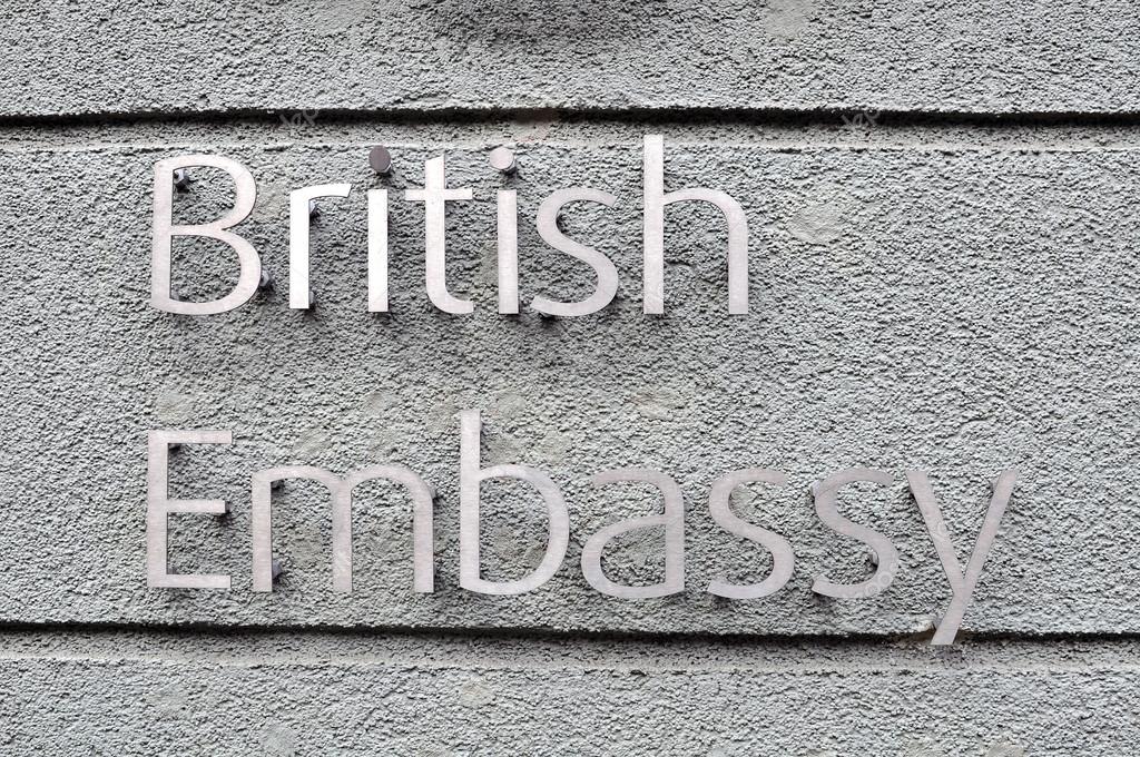 MINSK, BELARUS - NOVEMBER 1: Sign of British Embassy on the wall in Minsk on November 1, 2014. The United Kingdom of Great Britain and Northern Ireland is a sovereign state in Europe.