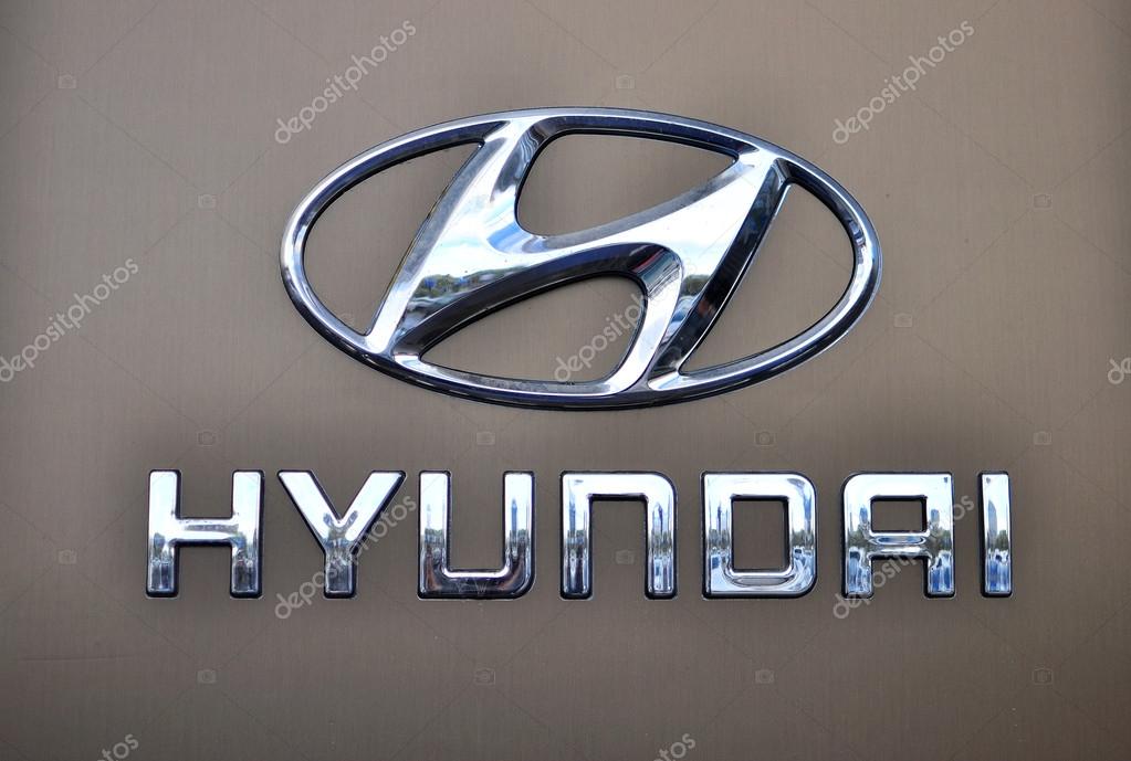 MOSCOW, RUSSIA - OCTOBER 10, 2015: Logotype of Hyundai corporation on October 10, 2015. Hyundai is the South Korea's automotive manufacturer.