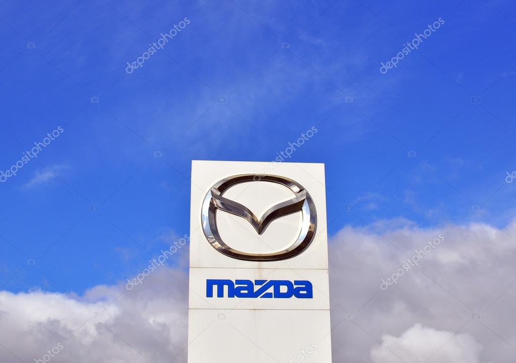 MOSCOW, RUSSIA - OCTOBER 10, 2015: Logotype of Mazda corporation on October 10, 2015. Mazda is the Japanese automotive manufacturer.