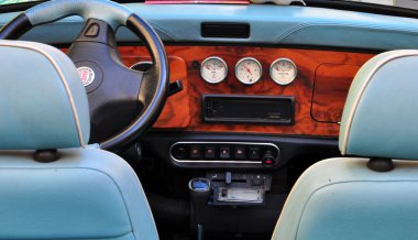 Interior of a retro Mini Cooper car
