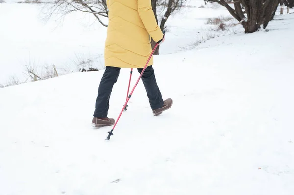 Крупным планом женских ног во время скандинавской прогулки с палками в парке. Концепция здорового образа жизни — стоковое фото
